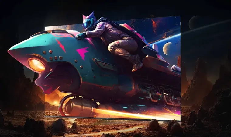 Imagem ilustra foguete saindo da TV TCL P8K com um personagem de videogame em cima 