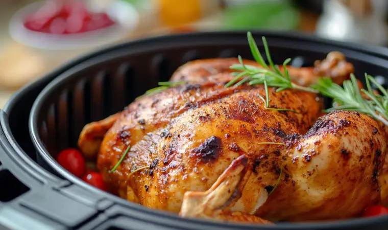 Frango inteiro dentro de uma air fryer Philips Walita