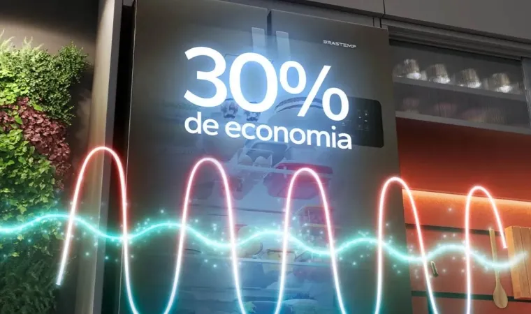 porta da geladeira Brastemp BRO85AK exibindo texto “30% de economia” e efeitos luminosos de energia.