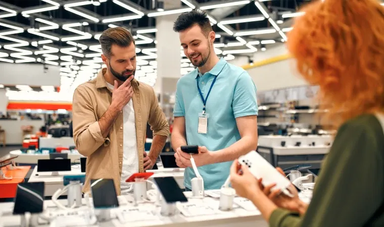 Vendedor mostrando celular 128GB barato a cliente de loja de departamento