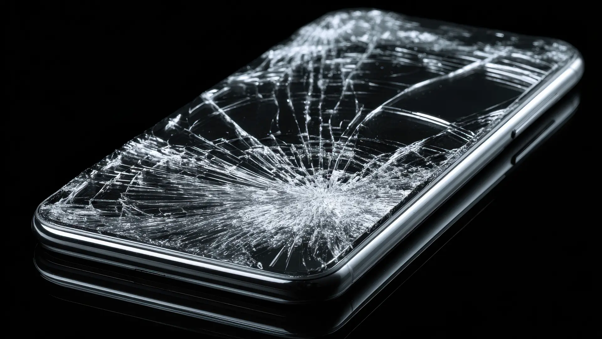 Celular com película de cerâmica toda quebrada em fundo preto