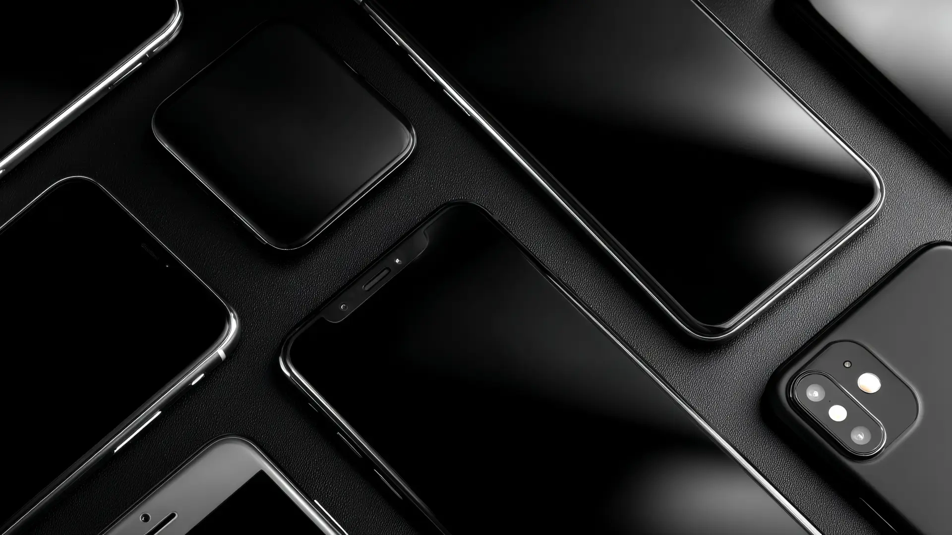 Diversos celulares estão próximos uns dos outros sobre uma mesa de cor preta