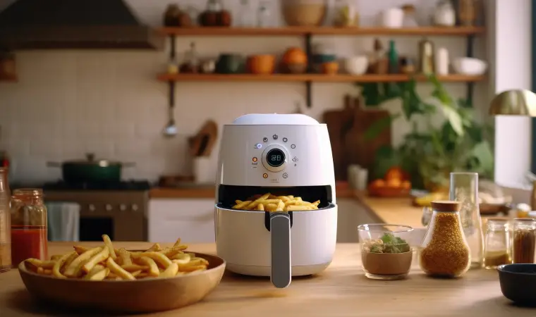 Air fryer branca cheia de batata frita.