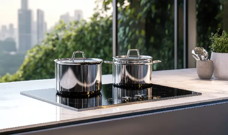 Panelas inox em cima de um fogão cooktop Electrolux