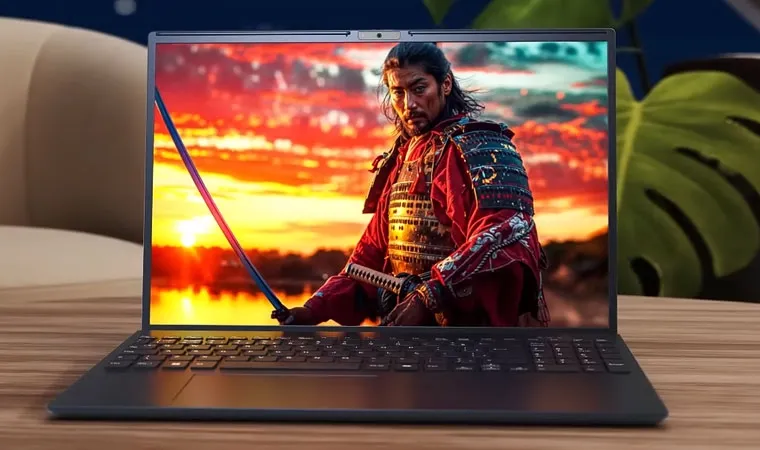Imagem de um notebook Vaio aberto sobre uma mesa exibindo a imagem de um samurai com cores vibrantes na tela 