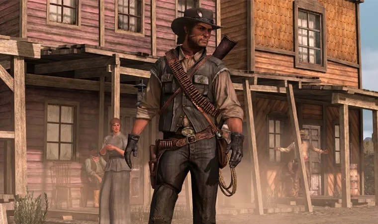 Imagem do jogo Red Dead Redemption mostrando o protagonista John Marston em frente a uma cidade de casas rudimentares de madeira com pessoas assustadas ao fundo