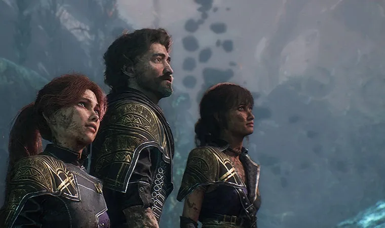 Imagem do jogo Clair Obscur: Expedition 33 exibindo, da esquerda para a direita, os personagens Gustave, Maelle e Sciel olhando para o horizonte