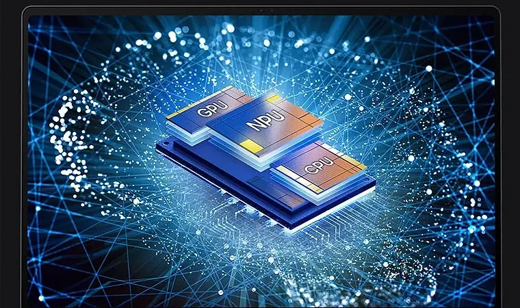 Arte do processador, unidade de vídeo e unidade neural combinados do Samsung Galaxy Book 4 Ultra enquanto sinais eletrônicos no fundo formam a imagem de um cérebro