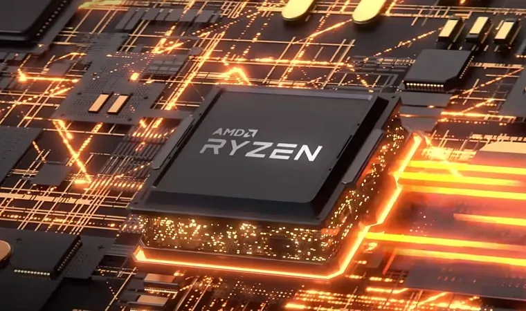 Imagem de um processador AMD Ryzen em meio a componentes eletrônicos e conexões iluminadas em uma cor laranja fluorescente 