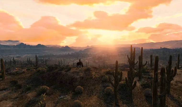 Imagem do jogo Red Dead Redemption exibindo uma tomada ampla com John Marston em seu cavalo como uma sombra distante no horizonte em meio a cactus e outras vegatações rasteiras durante o pôr do sol 
