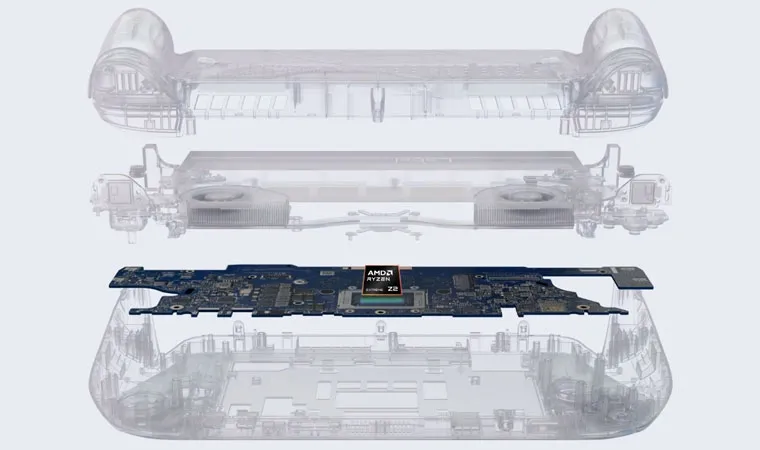 Imagem da placa-mãe do ROG Xbox Ally X destacando o processador AMD Ryzen AI Z2