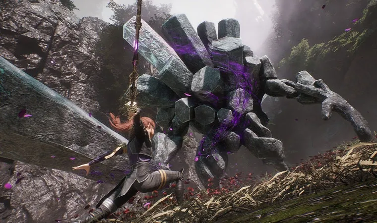 Imagem do jogo Clair Obscur: Expedition 33 exibindo a personagem Maelle desferindo um golpe de espada contra um golem de pedra