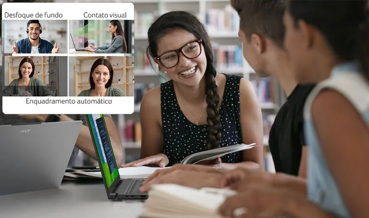 Imagem de um grupo de jovens usando o notebook Acer Aspire 16 com recursos de câmera explicados na parte superior esquerda da imagem