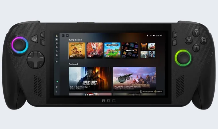 Imagem do ROG Xbox Ally X exibindo seu menu de jogos com títulos como Hollow Knight Silksong, Minecraft, Roblox, etc 