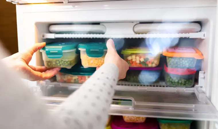 Pessoa guardando marmitas dentro de uma geladeira boa e barata.
