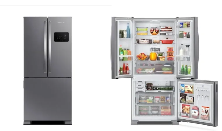 geladeira Brastemp BRO85AK French Door inox aberta mostrando prateleiras e freezer inferior.