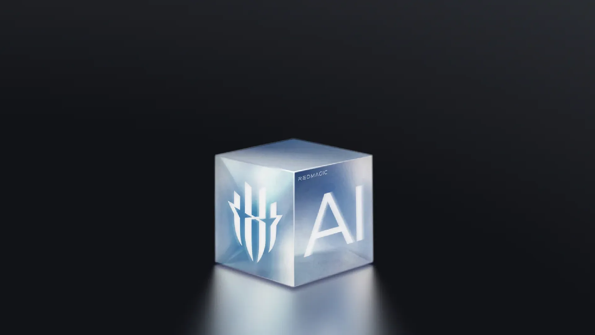 Cubo azul com ícone em uma face e outra escrito REDMAGIC AI