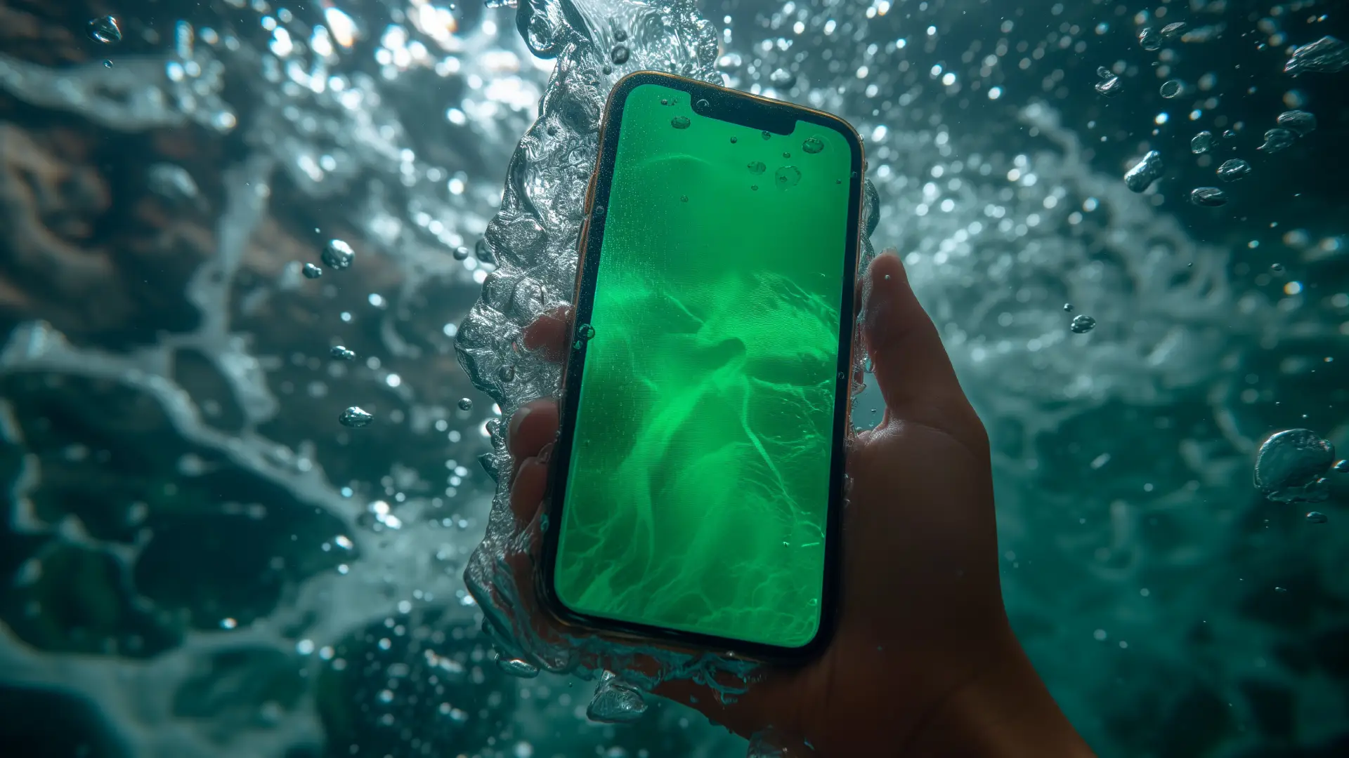 iPhone à prova d’água na mão de homem submerso em piscina