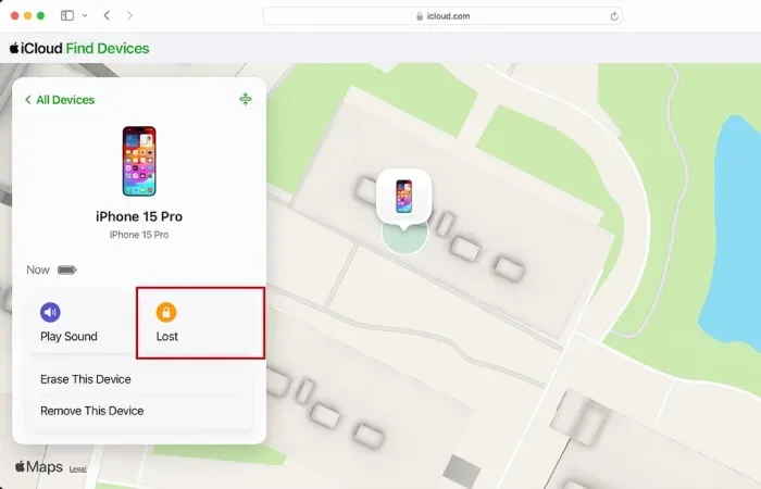 Imagem mostra a tela de um computador indicando um iPhone roubado