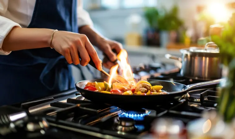 Pessoa preparando legumes grelhados em uma frigideira no fogão
