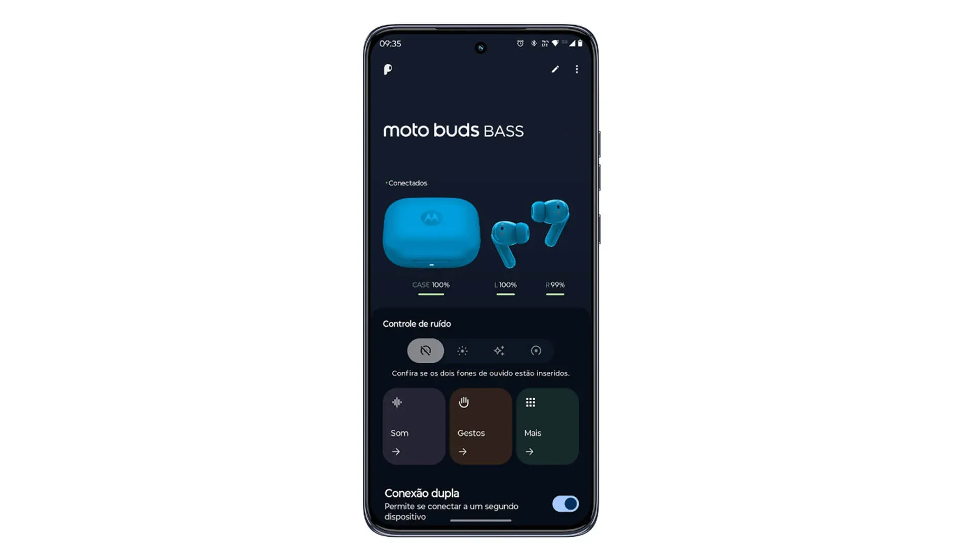 Imagem da interface do aplicativo Moto Buds Bass em um smartphone Android, exibindo as opções de controle e bateria.