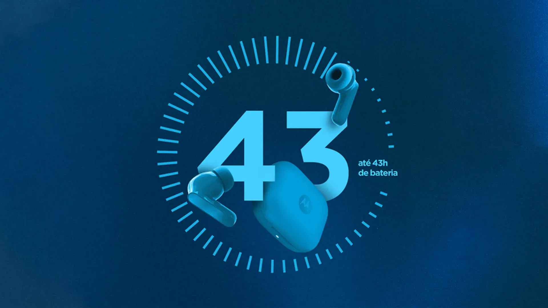 Imagem ilustrativa do Moto Buds Bass em fundo azul com indicador de 43 horas de bateria.