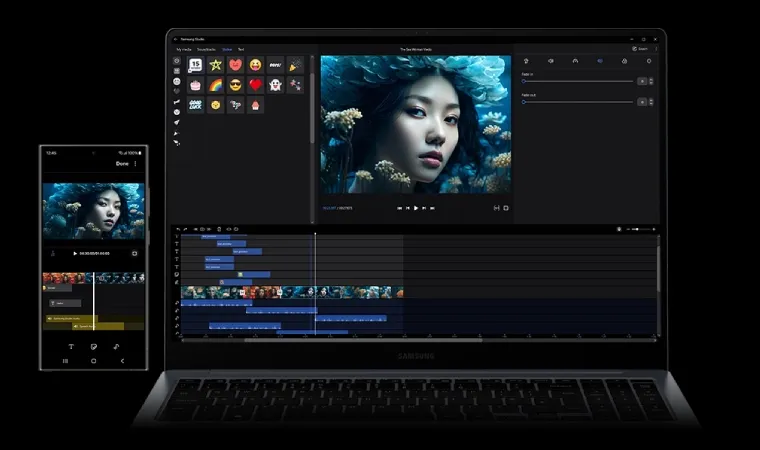 Imagem mostra notebook Samsung editando conteúdo em vídeo e ao mesmo tempo refletindo as tarefas no celular.