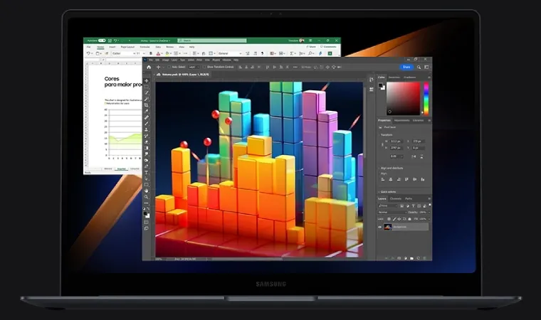 Imagem mostra notebook Samsung editando uma imagem e uma planilha.