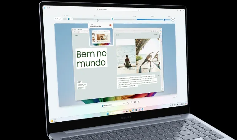 Imagem mostra notebook Samsung mostrando conteúdo de bem-estar