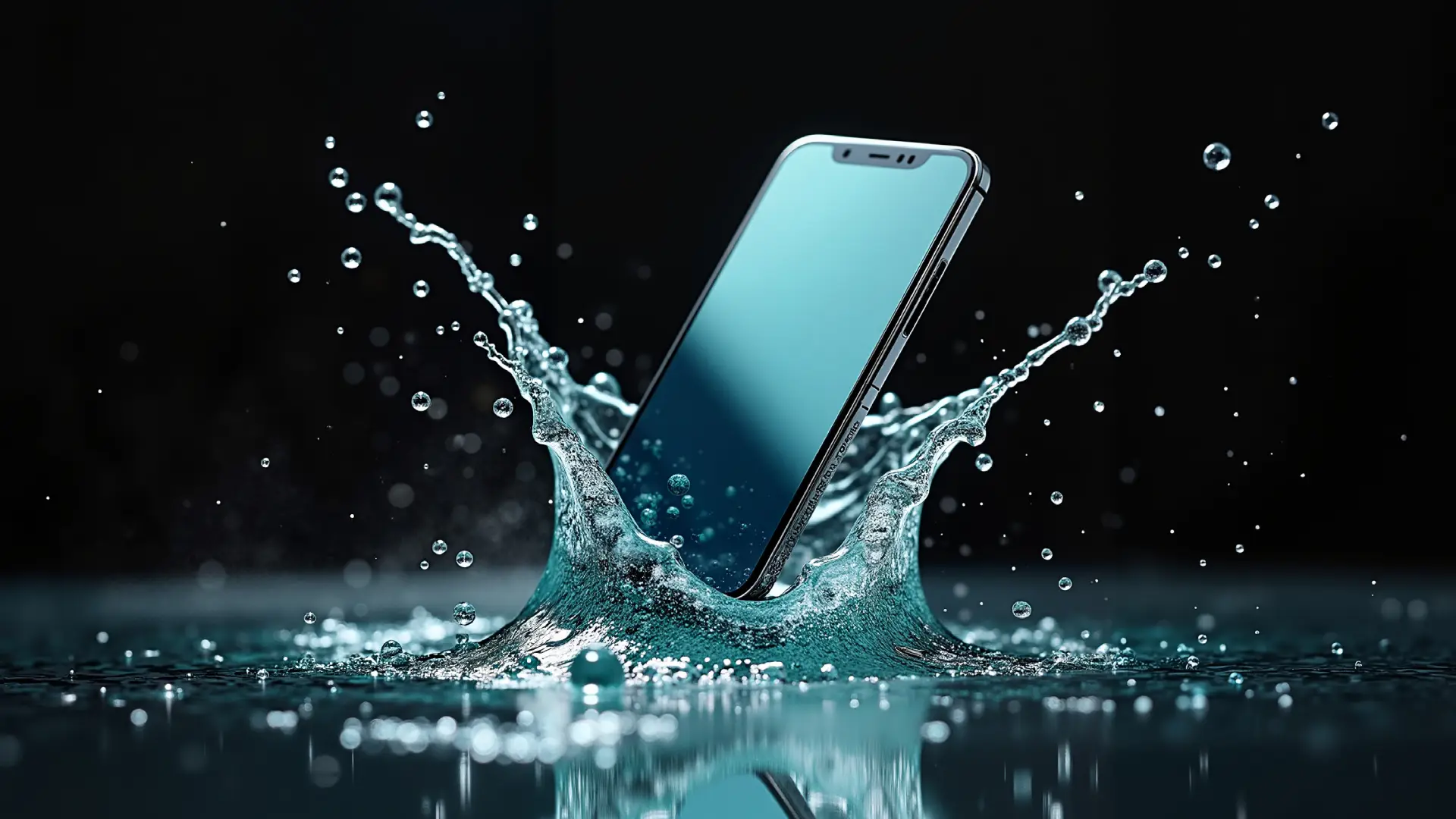 Momento exato onde um celular à prova d’água cai em uma poça de chuva