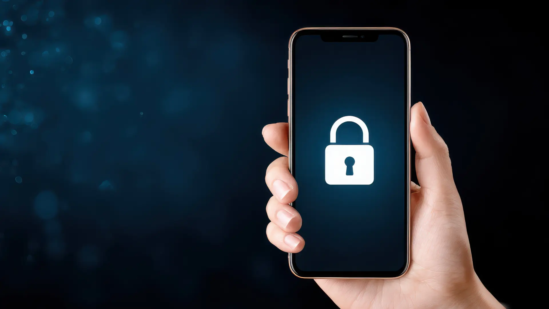 Celular na mão de mulher com um cadeado branco na tela