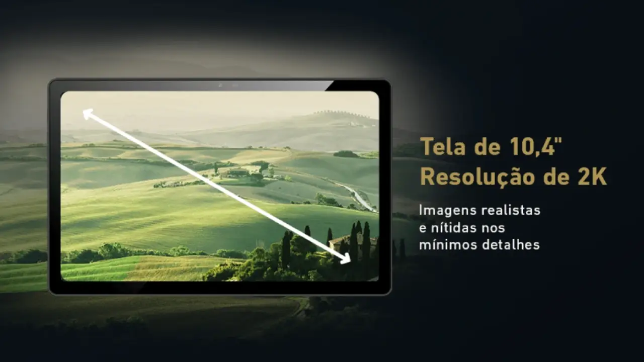 Tela do tablet Vaio TL10 ao centro em fundo preto e alguma informações por escrito ao lado