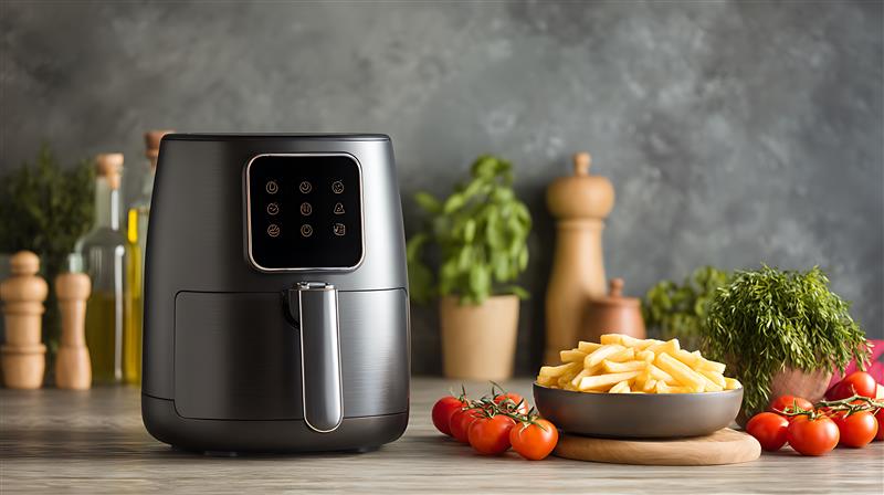Air fryer preta em cima da mesa da cozinha com batatas fritas ao lado.