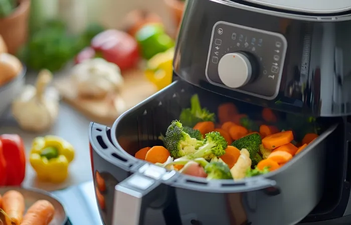 Air fryer com legumes variados sendo preparados na cesta.