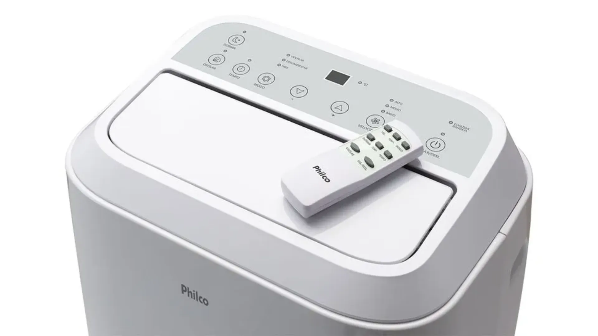 Detalhes do painel digital e controle remoto do ar-condicionado portátil Philco