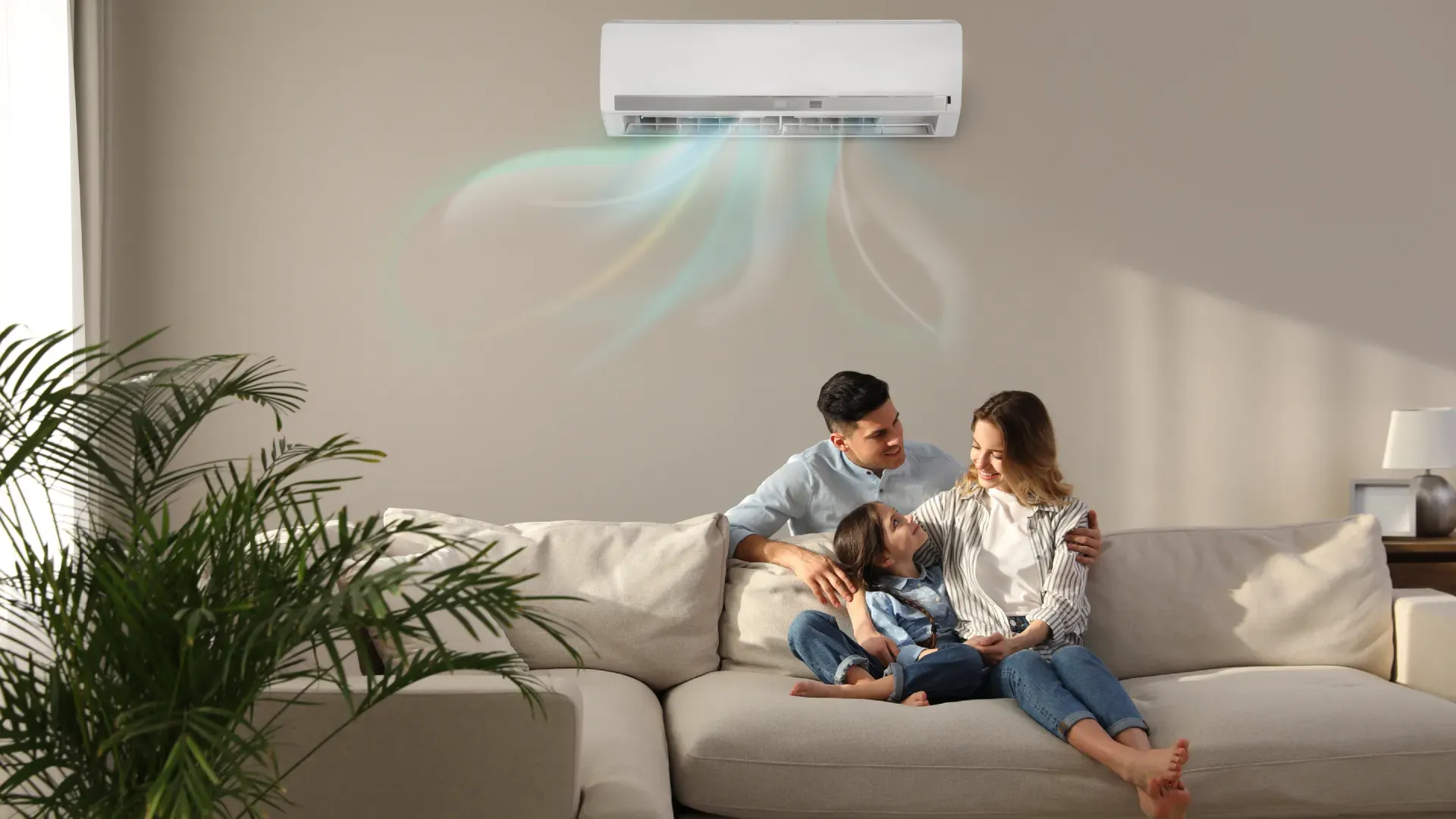 Familia sentada no sofá da sala, com um ar-condicionado Inverter em cima na parede