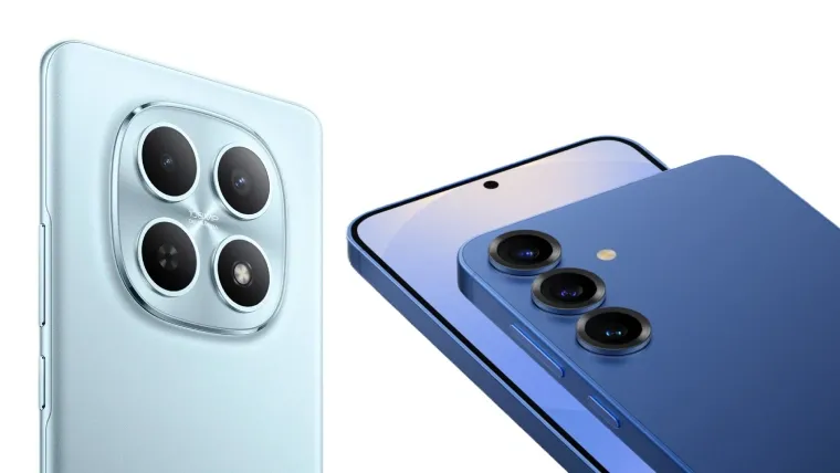 Traseira do Redmi Note 15 ao lado da tela e traseira do Galaxy S25 com foco nas câmeras