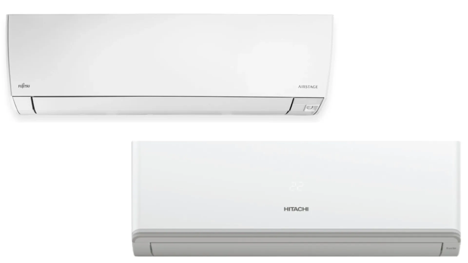 foto frontal de ar-condicionado split Fujitsu e outro da marca Hitachi