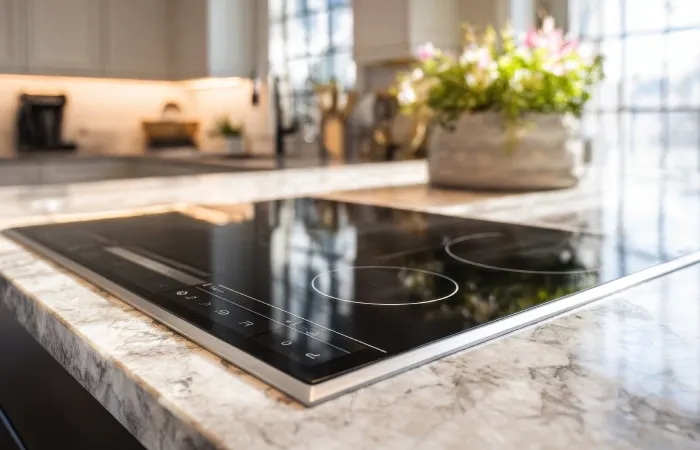 Painel do cooktop por indução integrado à bancada com foco nos comandos sensíveis ao toque.