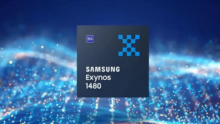 Processador Exynos 1480 ao centro em fundo azul com pontinhos brancos