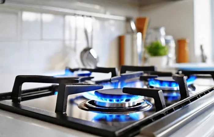 Fogão a gás em funcionamento com chama acesa em cozinha moderna