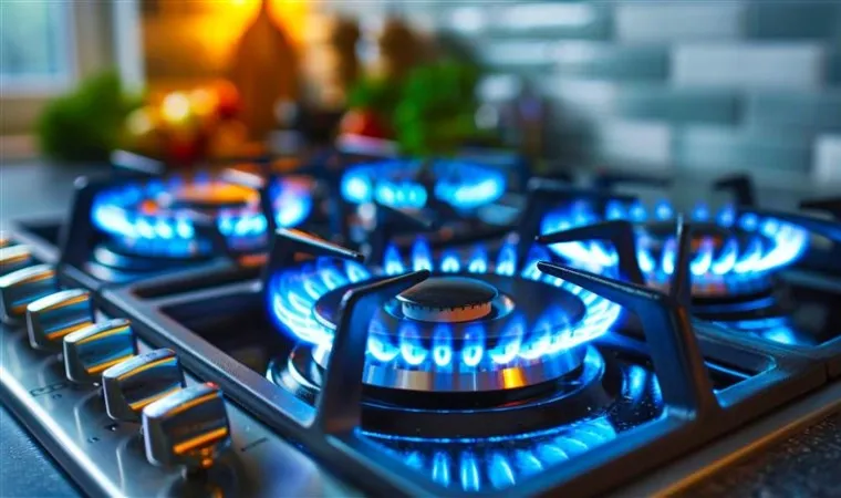 Bocas de fogão a gás acesas.