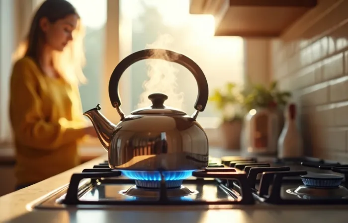 Chaleira aquecendo em fogão a gás com chama azul visível durante uso doméstico
