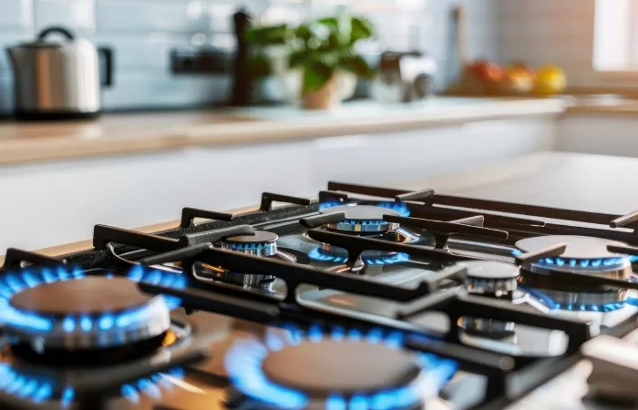 Bocas de fogão a gás acesas em uma cozinha moderna iluminada