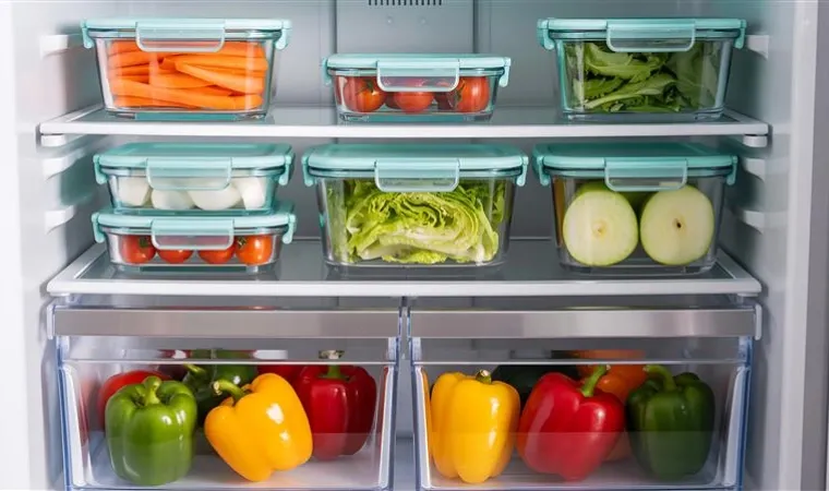 geladeira organizada com vários alimentos em vasilhas.
