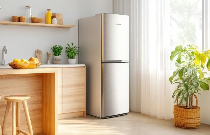 Geladeira inox em cozinha clara, com plantas e luz natural ao lado.