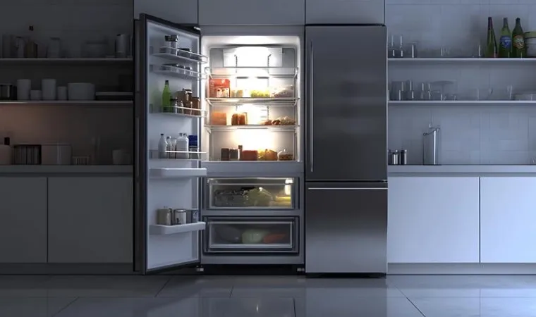 cozinha completa com geladeira inverter inox aberta mostrando alimentos dentro.