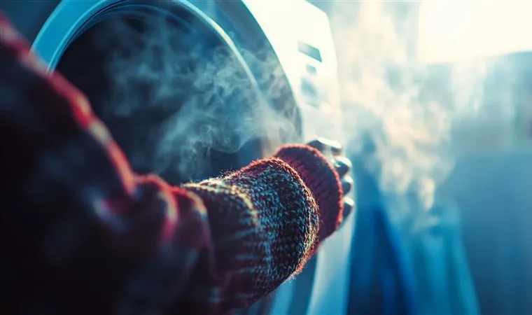 Roupas saindo da máquina de lavar com vapor, indicando lavagem com água quente.