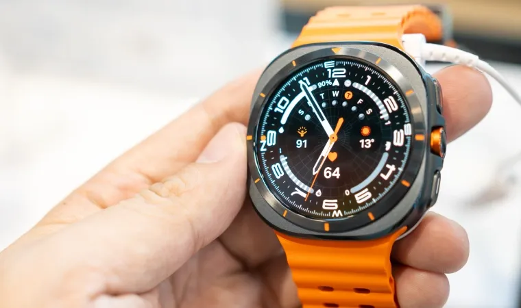 Imagem de um smartwatch Samsung Galaxy Watch7 com a tela ligada