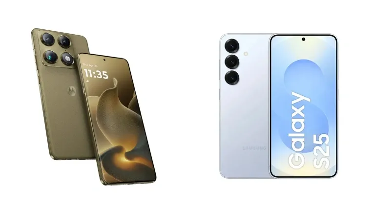 Imagem dos celulares Motorola Signature dourado e Galaxy S25 azul mostrando diferenças de design